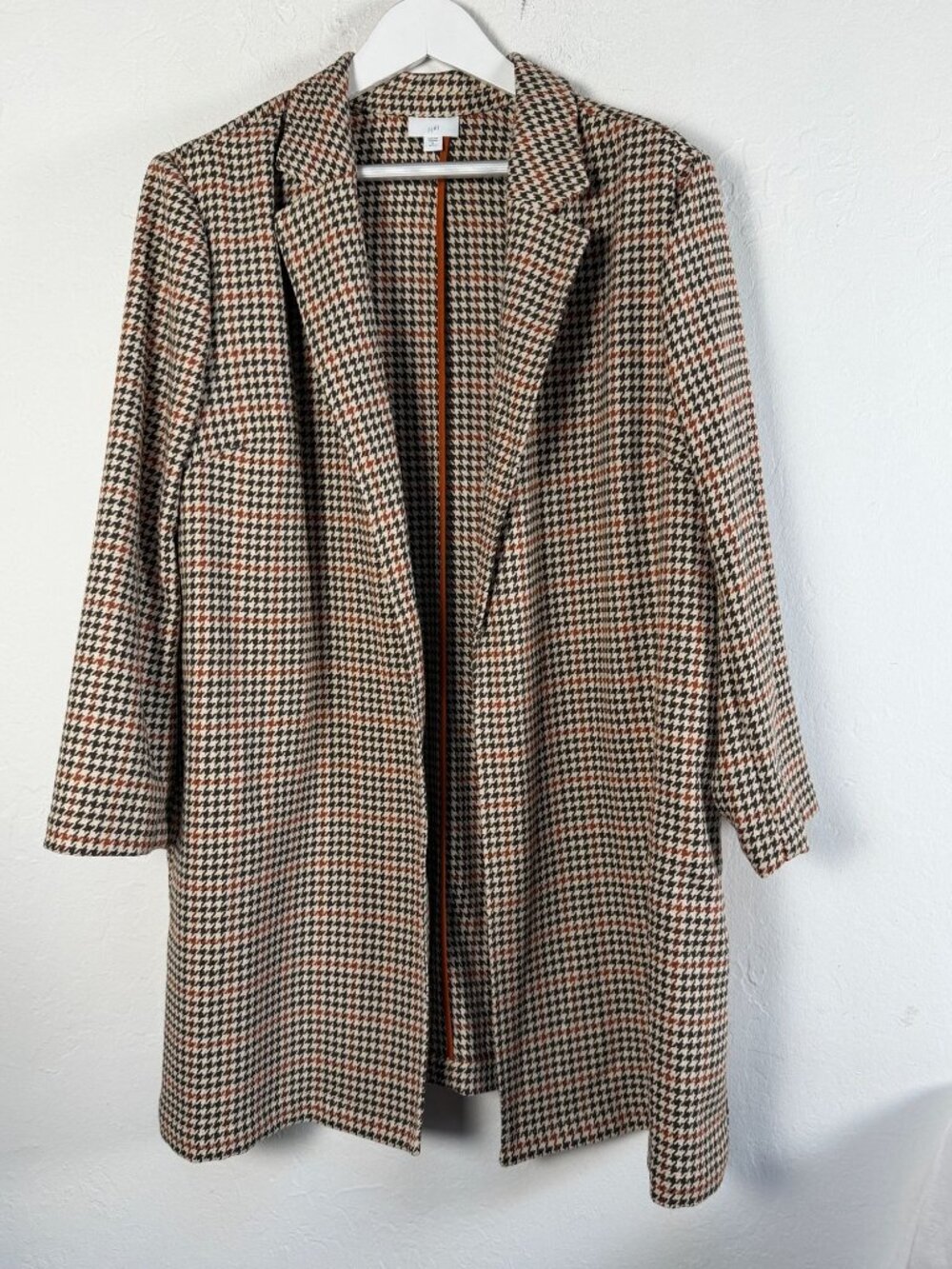 J. Jill Brown Orange Houndstooth Knit Longline Blazer Coat Jacket XL Petite